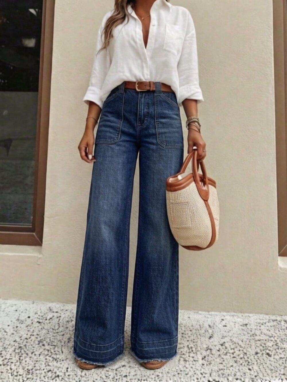 Dark Wash Women's Casual Loose Fit Wide Leg Denim Pants - Picture 2 of 5